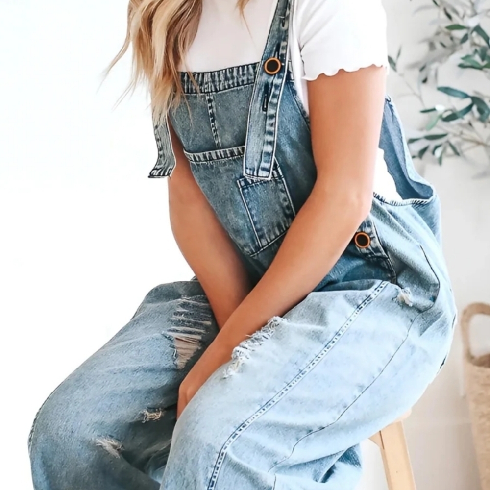 Slouchy Distressed Denim Overalls Super Soft & Comfy - Picture 3 of 9